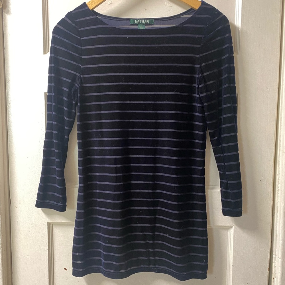 Ralph Lauren Women's Long Sleeve Midnight Blue Velvet Striped Top Size XS